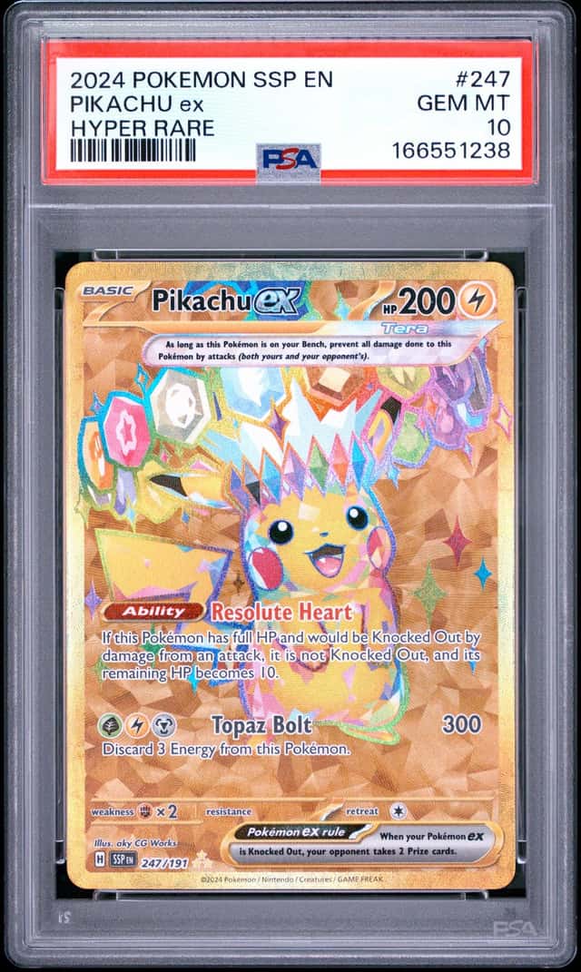 Pokemon 2024 Pikachu ex 247 Tera Gold Hyper Rare Surging Sparks GEM MINT PSA 10