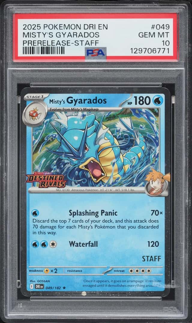 2025 Pokemon SV Destined Rivals Prerelease Staff Misty's Gyarados #49 PSA 10 GEM MINT