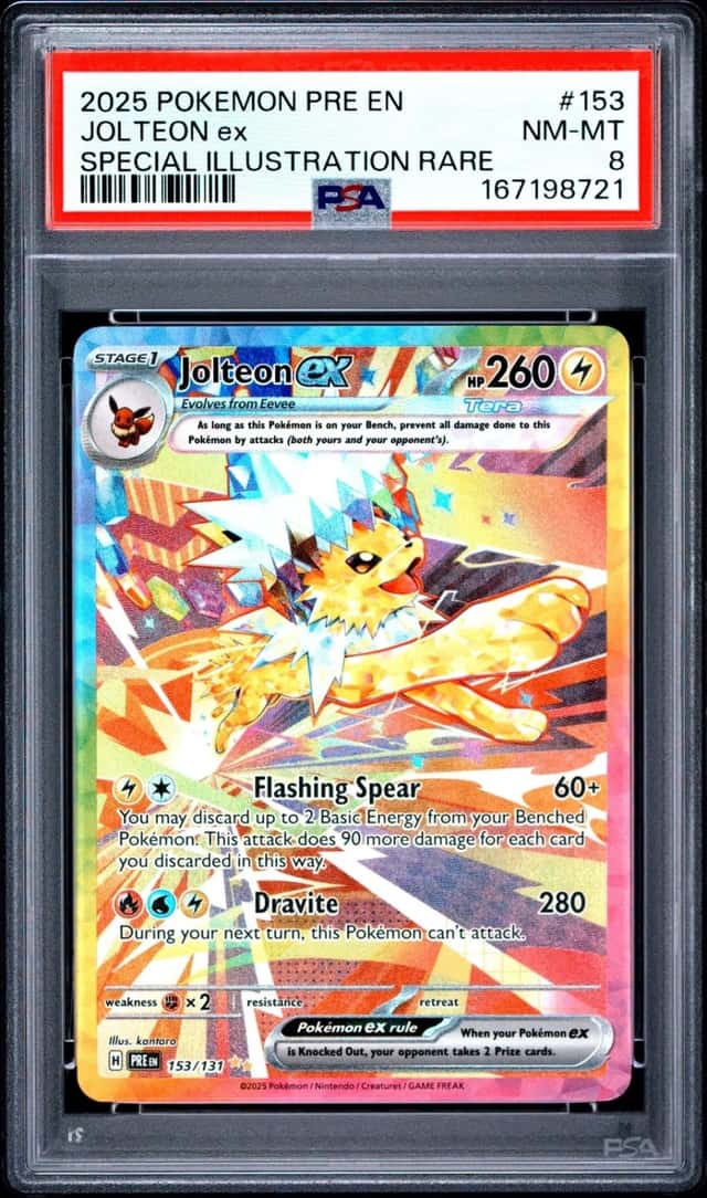 2025 POKEMON PRISMATIC EVOLUTIONS SPECIAL ILLUSTRATION RARE JOLTEON EX PSA 8