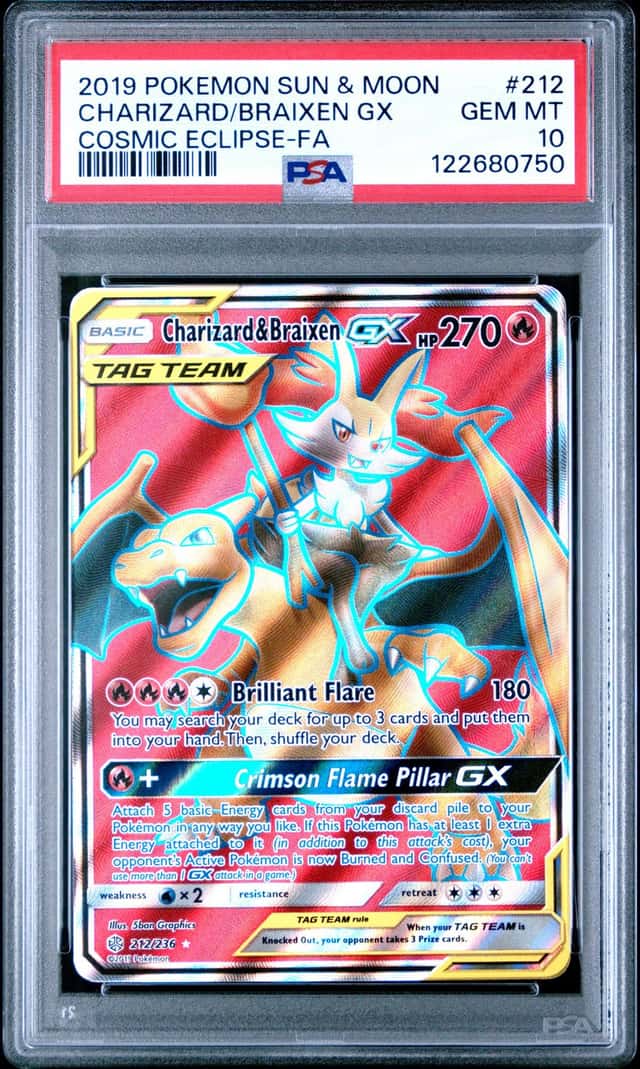 2019 POKEMON SUN & MOON COSMIC ECLIPSE FULL ART/CHARIZARD & BRAIXEN GX PSA 10