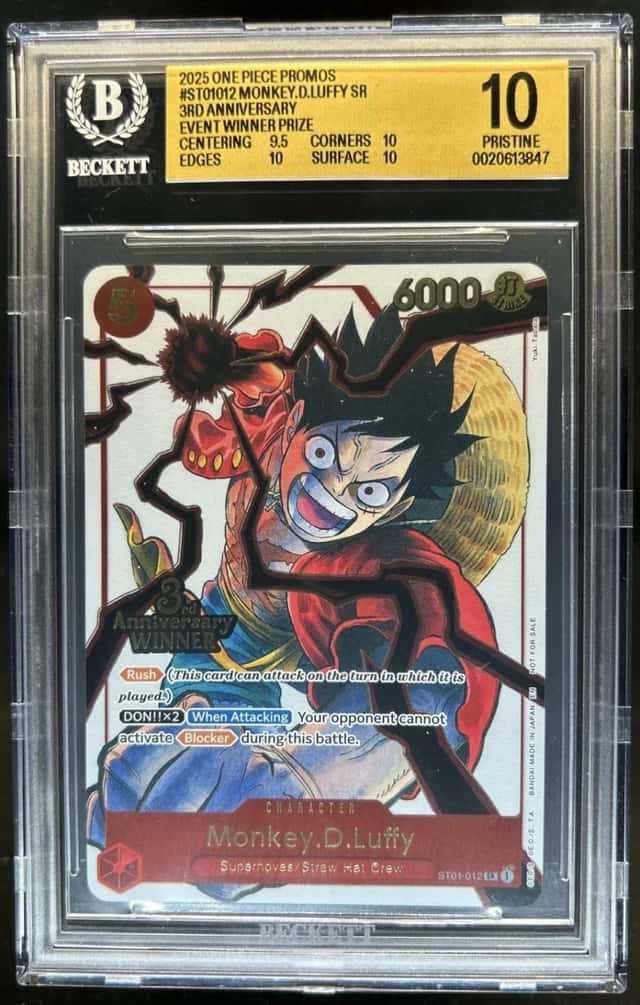 2025 One Piece Promos Monkey.D.Luffy 3rd Anniversary Prize #ST01-012 BGS 10