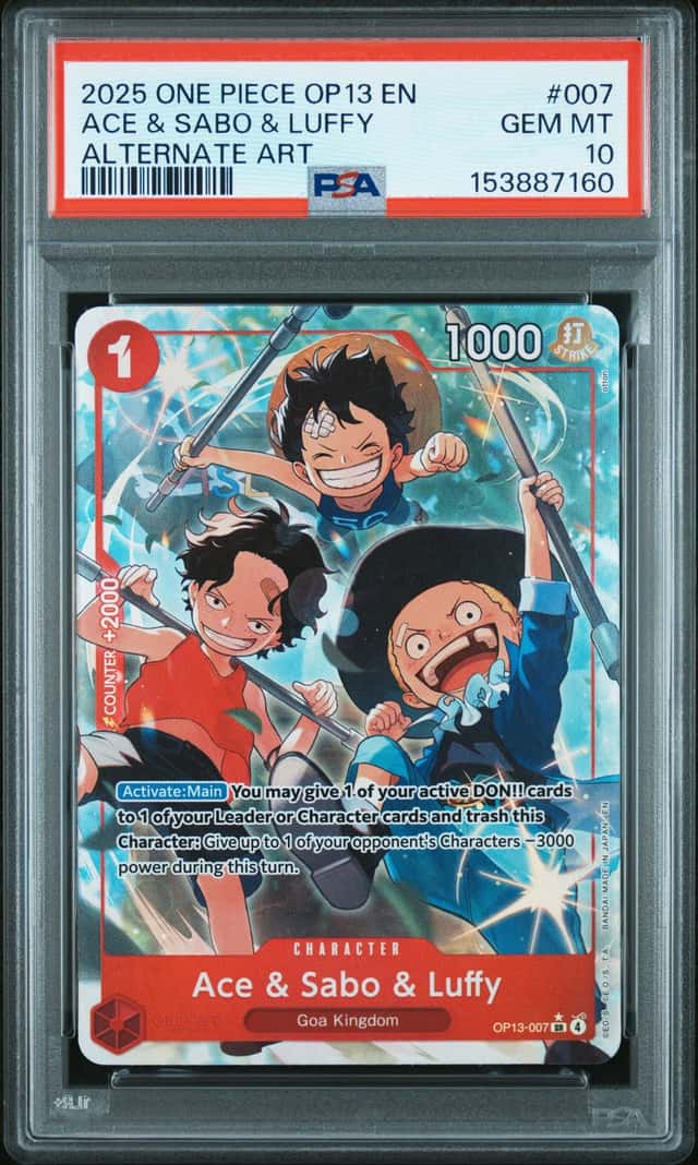 2025 ONE PIECE OP13-CARRYING ON HIS WILL ALTERNATE ART ACE & SABO & LUFFY PSA 10