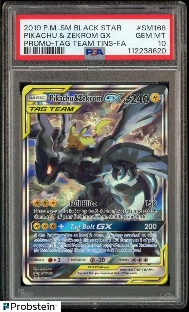 2019 Pokemon SM BSP Tag Team Tins FA #SM168 Pikachu & Zekrom Gx PSA 10 GEM MINT