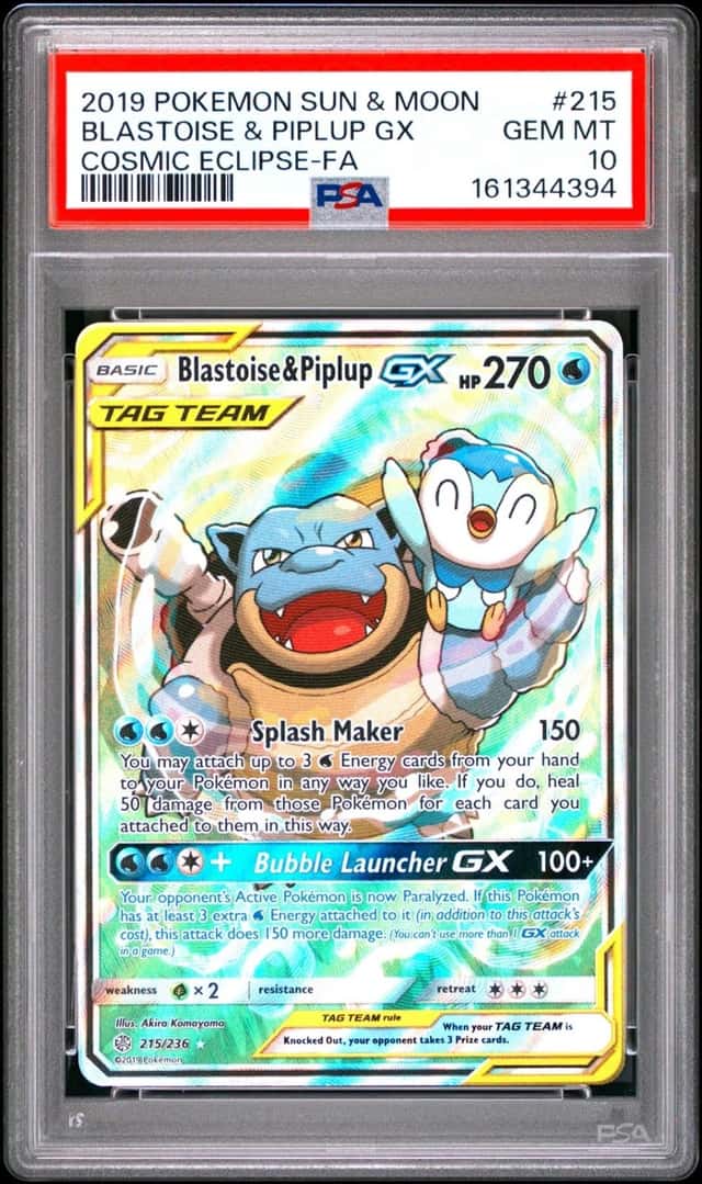 2019 POKEMON SUN & MOON COSMIC ECLIPSE FULL ART/BLASTOISE & PIPLUP GX PSA 10