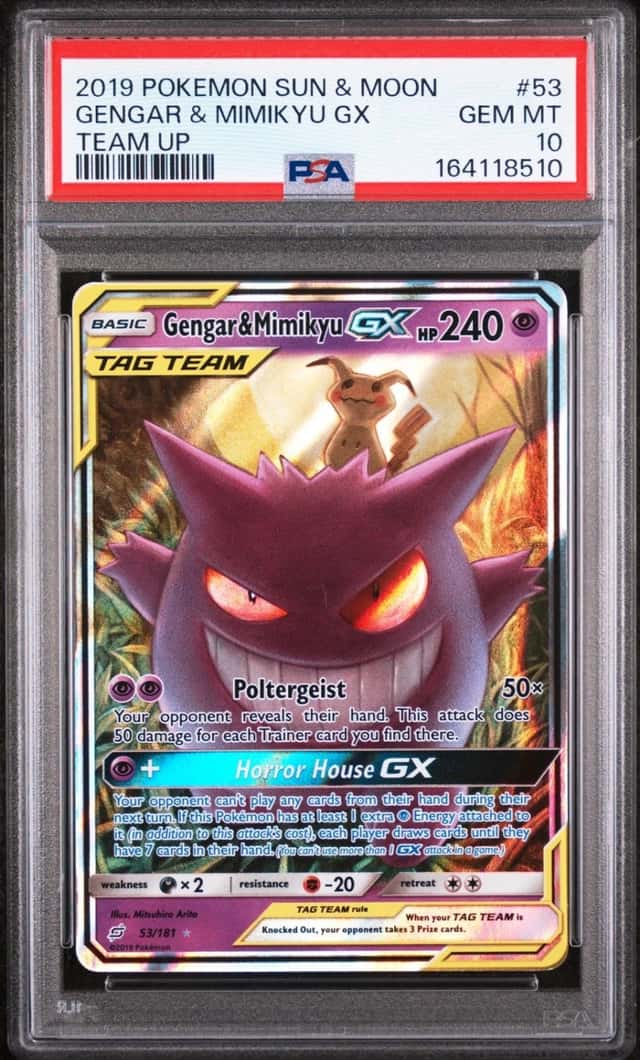 2019 POKEMON SUN & MOON TEAM UP #53 GENGAR & MIMIKYU GX PSA 10