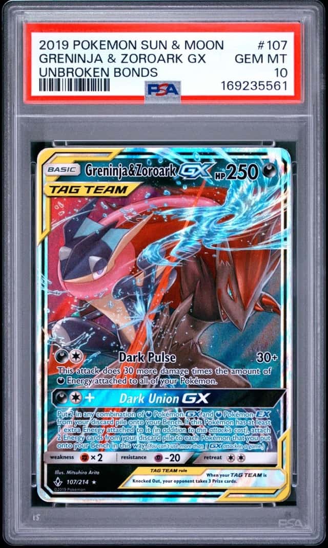2019 POKEMON SUN & MOON UNBROKEN BONDS #107 GRENINJA & ZOROARK GX PSA 10