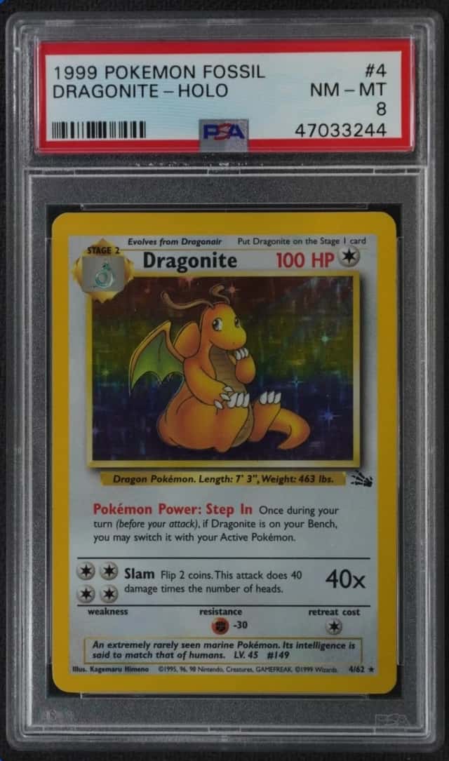 1999 POKEMON FOSSIL #4/62 DRAGONITE HOLO RARE PSA 8