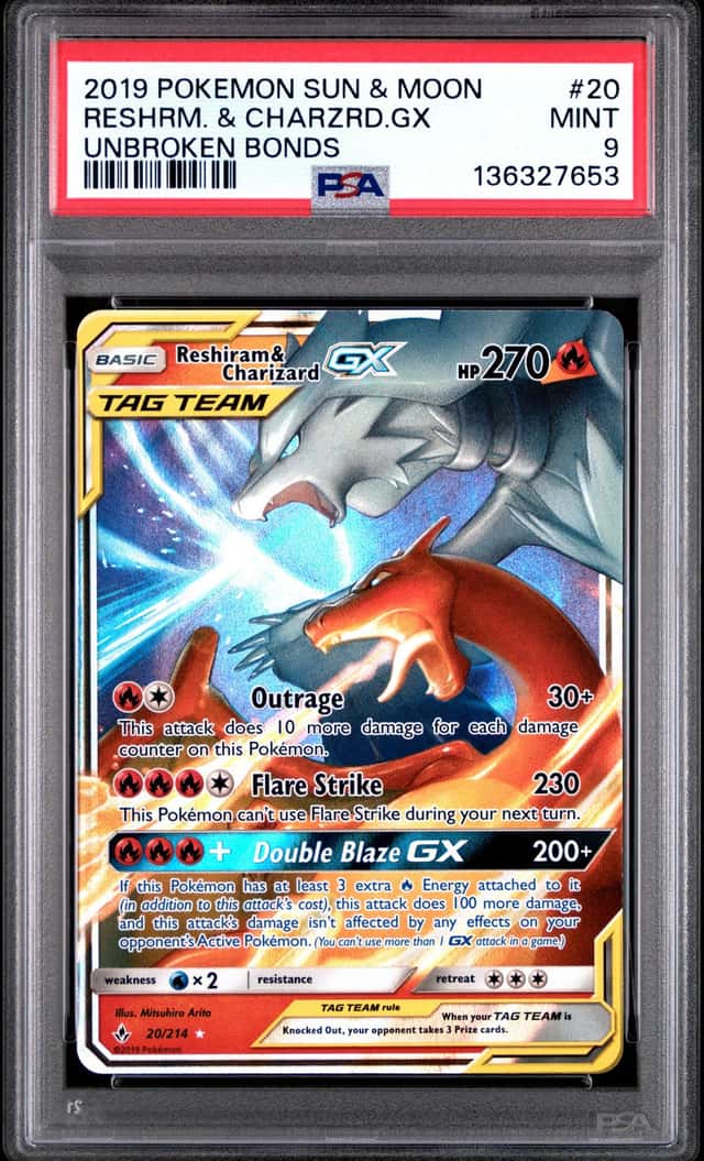 2019 Pokémon Reshrm & Charizard GX TAG TEAM 20/214 Unbroken Bonds PSA 9 MINT