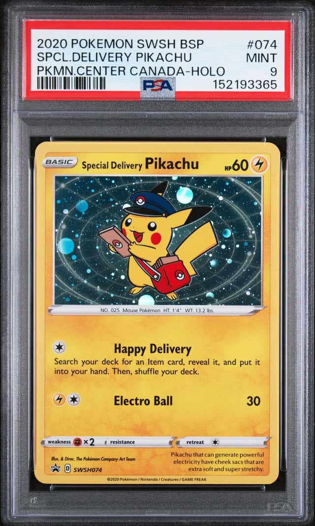 2020 Pokemon SWSH BSP Pokemon Center Canada Special Delivery Pikachu Holo PSA 9
