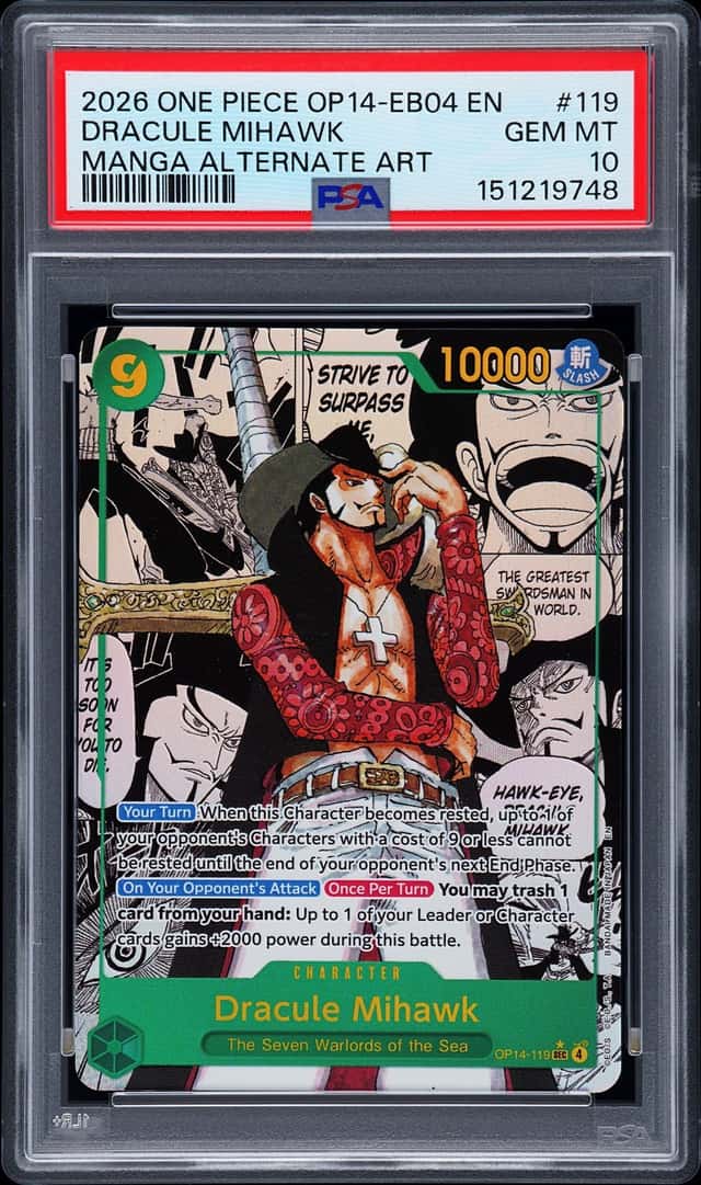 2026 One Piece OP14-EB04 En #119 Dracule Mihawk Manga Alternate Art PSA 10