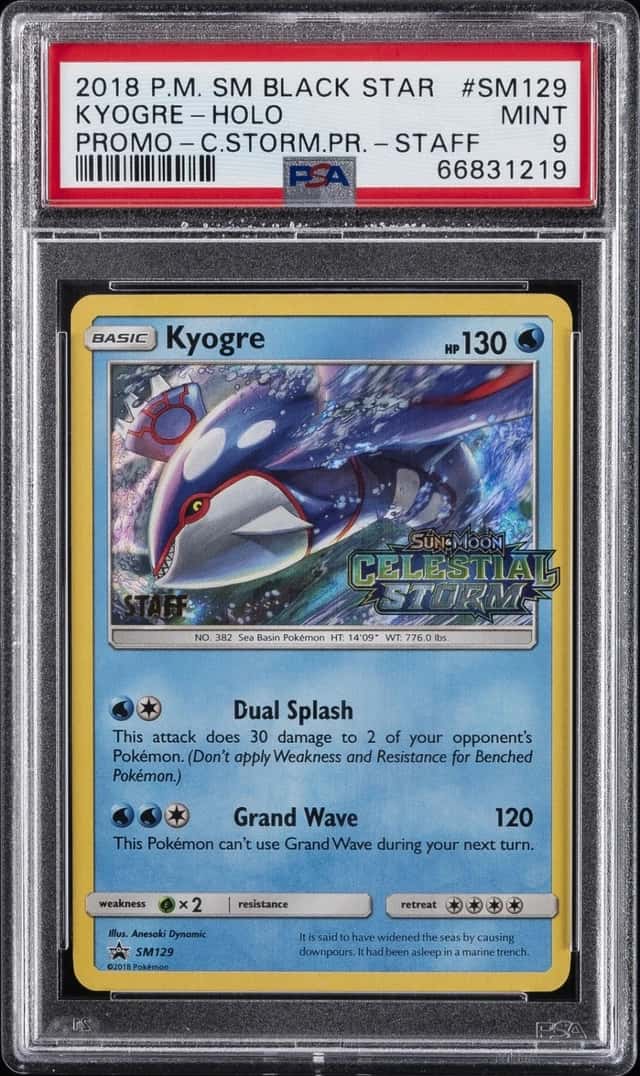 2018 POKEMON SM CELESTIAL STORM PRERELEASE-STAFF #SM129 KYOGRE-HOLO PSA 9
