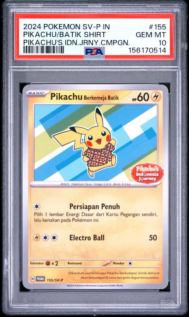 2024 POKEMON INDONESIAN INDONESIA JOURNEY CAMPAIGN PIKACHU IN BATIK SHIRT PSA 10