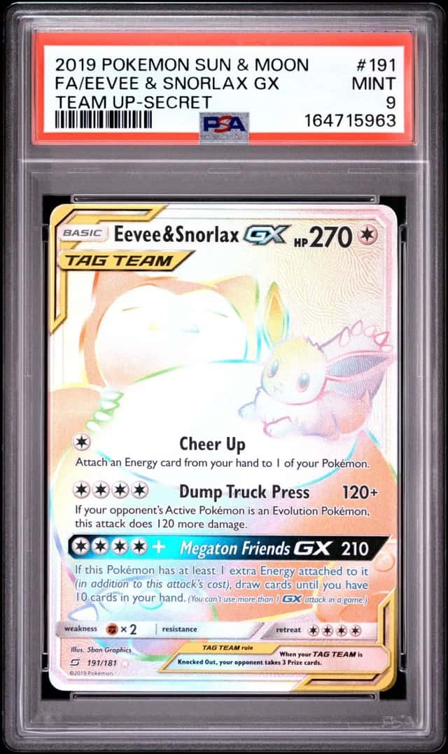 2019 POKEMON SUN & MOON TEAM UP SECRET #191 FULL ART/EEVEE & SNORLAX GX PSA 9