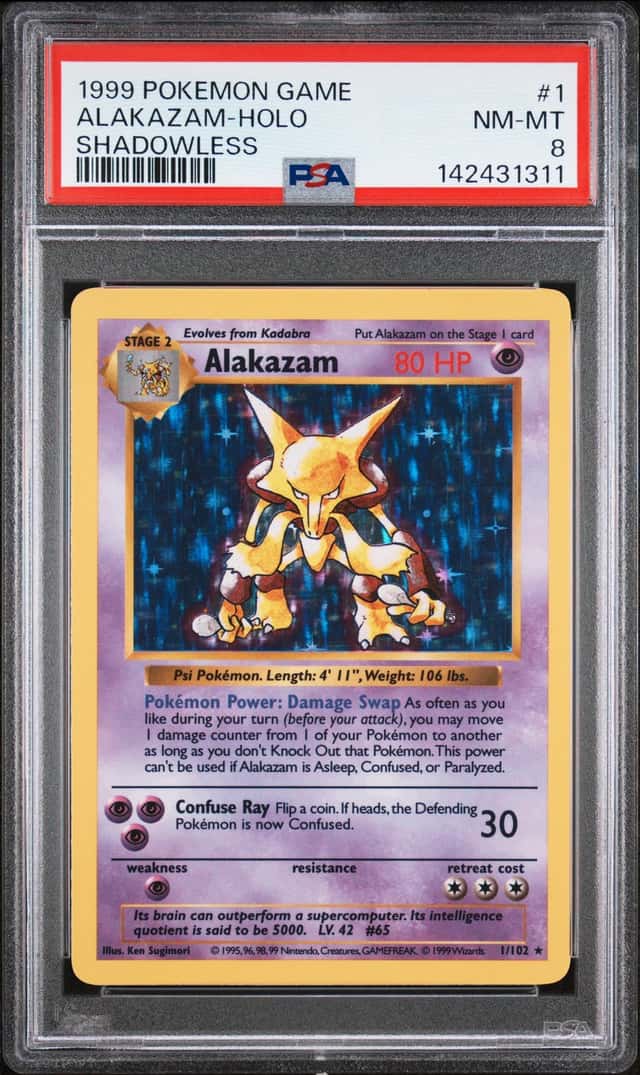 1999 POKEMON BASE SET SHADOWLESS #1 ALAKAZAM-HOLO PSA 8