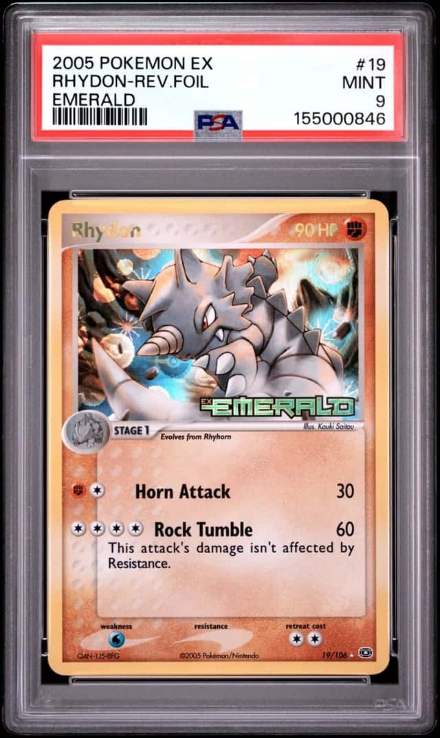 2005 POKEMON EX EMERALD #19 RHYDON-REVERSE FOIL PSA 9