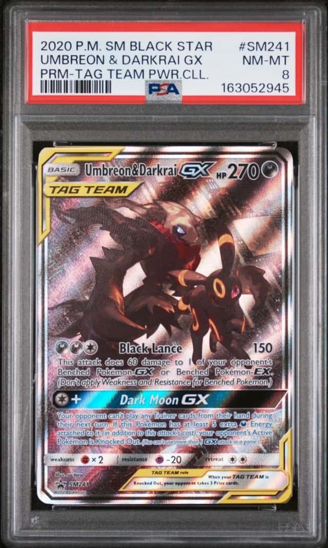 2020 POKEMON SM TAG TEAM POWERS COLLECTION #SM241 UMBREON & DARKRAI GX PSA 8
