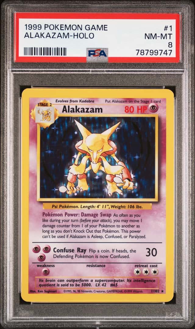 1999 POKEMON BASE SET UNLIMITED #1/102 ALAKAZAM HOLO RARE PSA 8