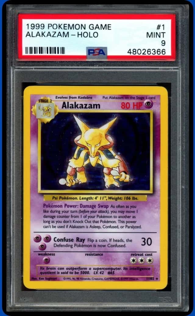 1999 POKEMON UNLIMITED #1/102 ALAKAZAM BASE SET RARE HOLO PSA 9