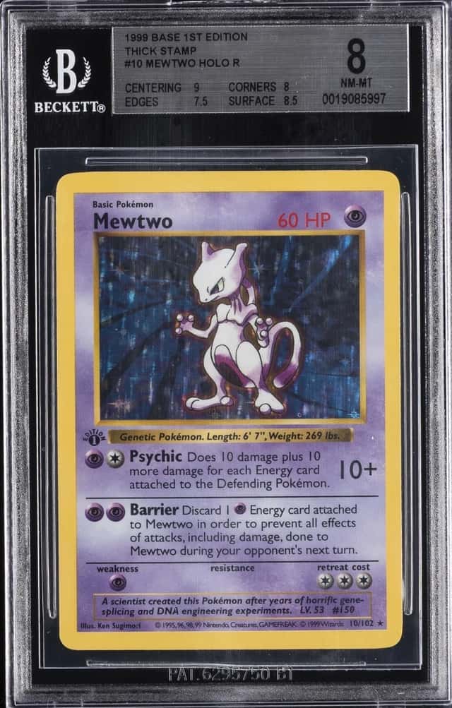 1999 POKEMON BASE 1ST EDITION THICK STAMP #10 MEWTWO HOLO R BGS 8