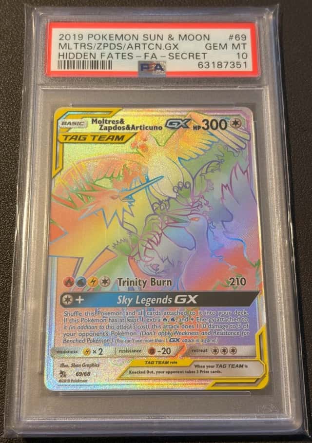 PSA 10 Moltres Zapdos Articuno GX 69/68 Hidden Fates Rainbow Tag Team Pokemon