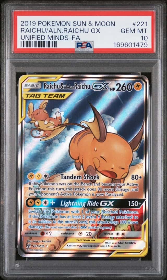 2019 POKEMON SUN & MOON UNIFIED MINDS FULL ART/RAICHU & ALOLAN RAICHU GX PSA 10