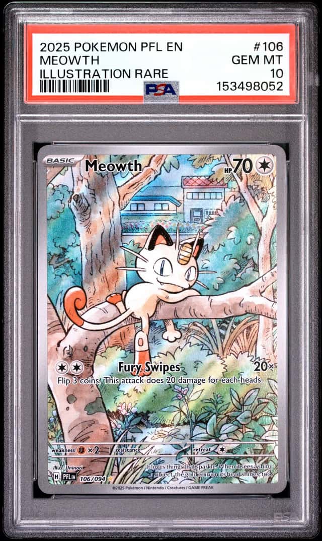 8052 Meowth 2025 Pokemon Phantasmal Flames #106 Illustration Rare PSA 10