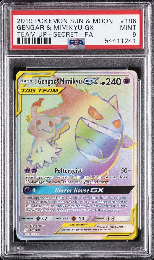 2019 POKEMON SUN & MOON TEAM UP SECRET #186 FULL ART/GENGAR & MIMIKYU GX PSA 9