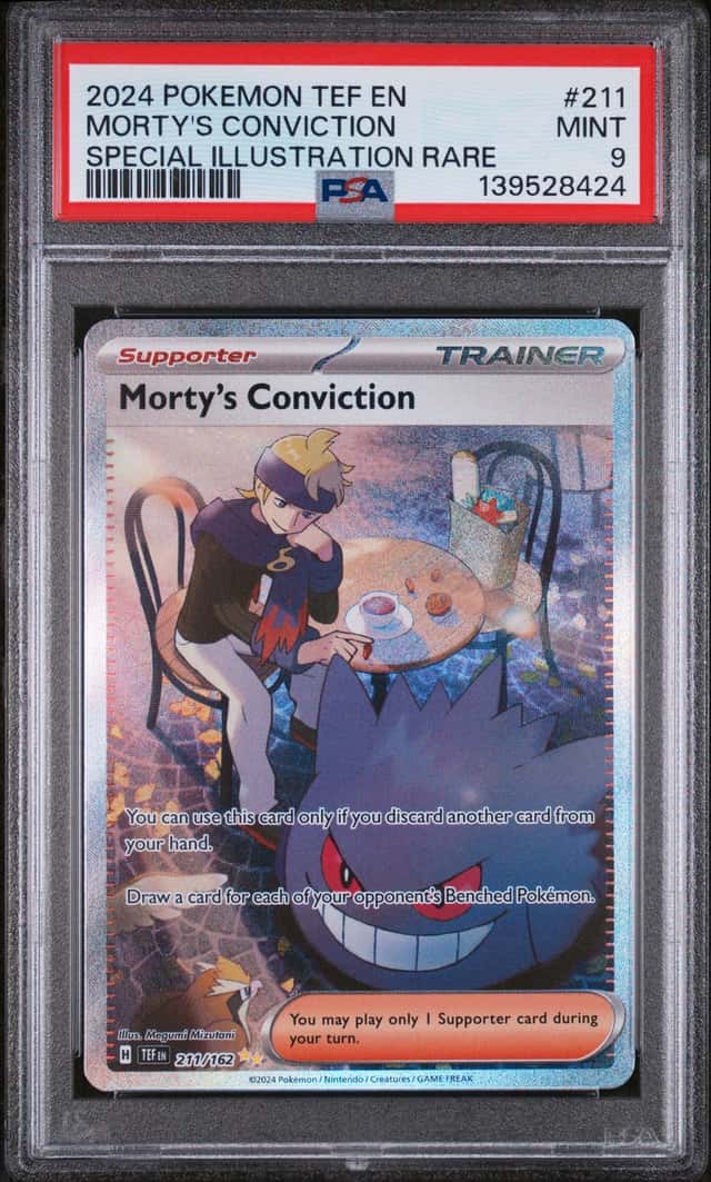 2024 POKEMON TEF EN #211/162 MORTY'S CONVICTION SPECIAL ILLUSTRATION RARE PSA 9