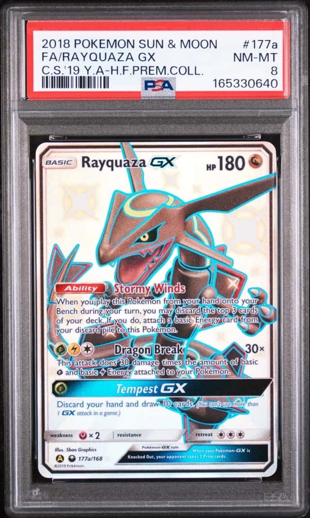 2018 POKEMON SUN & MOON CELESTIAL STORM #177A FULL ART/RAYQUAZA GX PSA 8