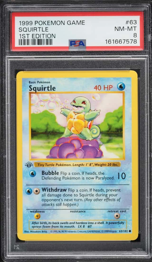 1999 Pokemon Base Set Shadowless 1st Edition Squirtle #63 PSA 8 NM-MT
