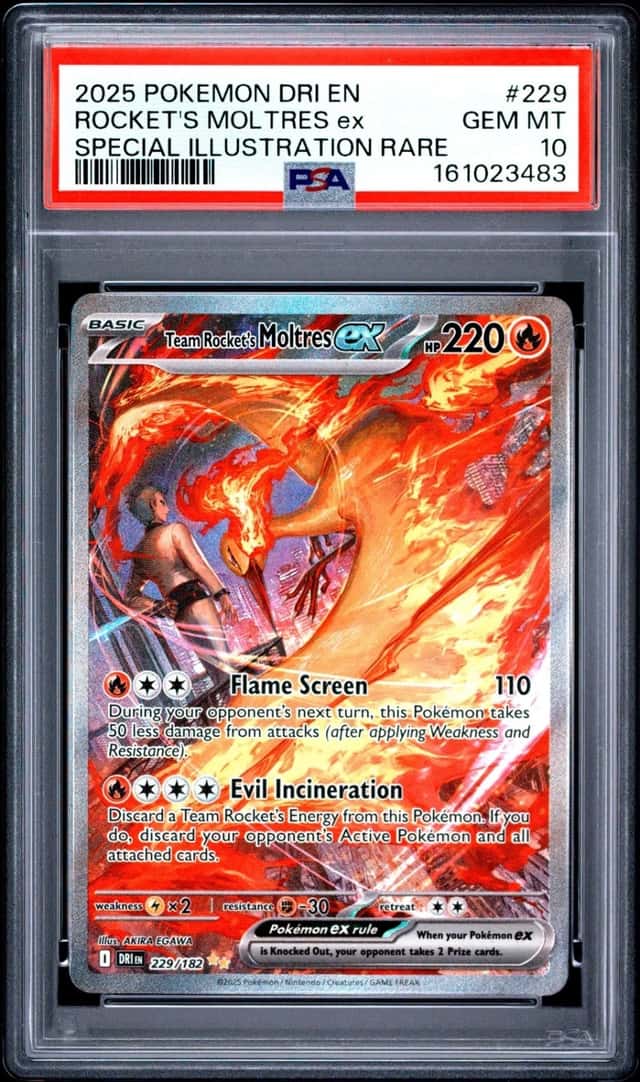 2025 POKEMON DESTINED RIVALS SPECIAL ILLUSTRATION TEAM ROCKETS MOLTRES EX PSA 10