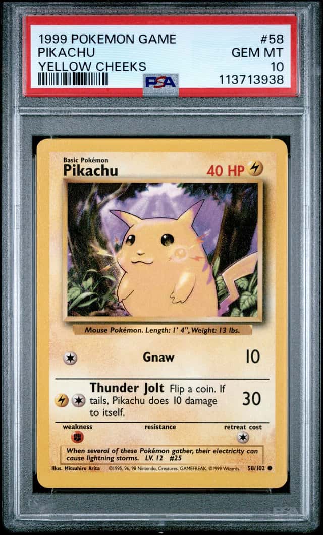 1999 Pokémon Bass Set Pikachu Yellow Cheeks #58 PSA GEM MINT 10