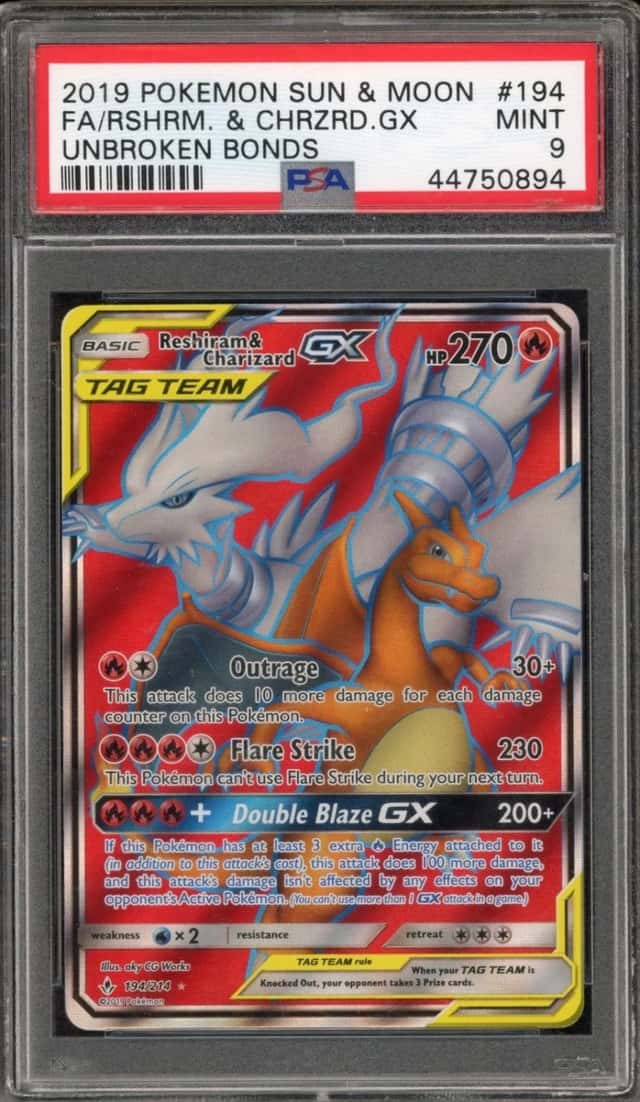 Pokemon Reshiram & Charizard Gx Unbroken Bonds Full Art 194/214 PSA 9 Mint