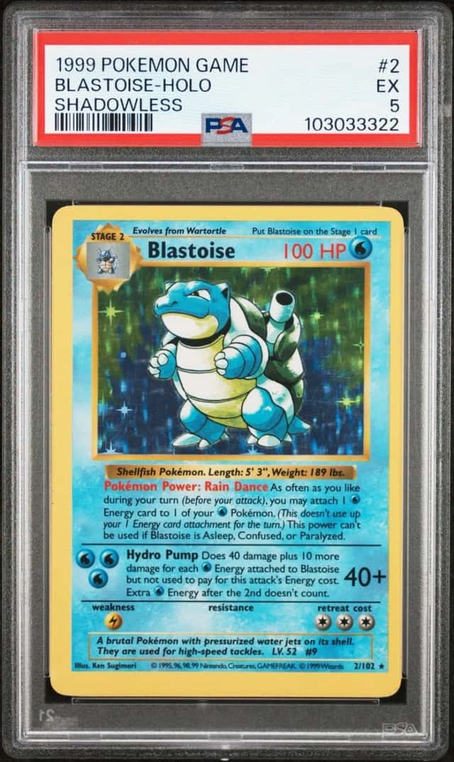 PSA 5 Shadowless Blastoise Holo 2/102 Base Set 1999 Pokemon Card English Clean