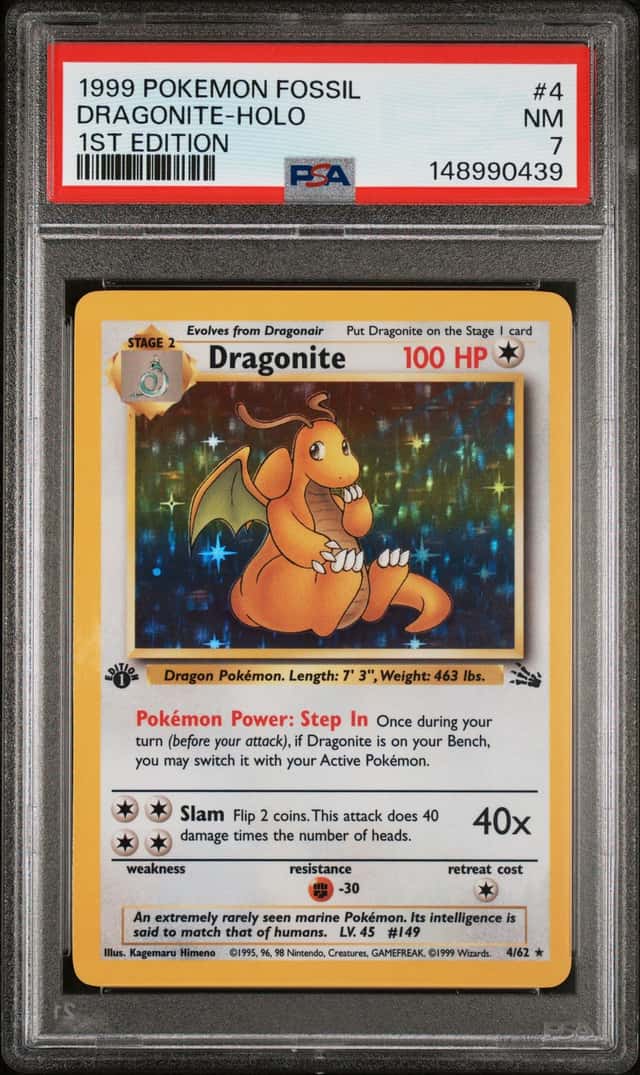 1999 Pokemon Fossil 1st Edition Dragonite Holo Card #4/62 PSA 7