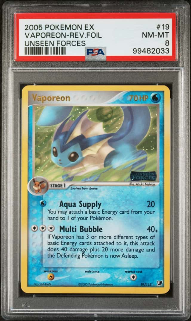 Pokemon 2005 Unseen Forces Vaporeon 19/115 Reverse Holo PSA 8 English Stamped