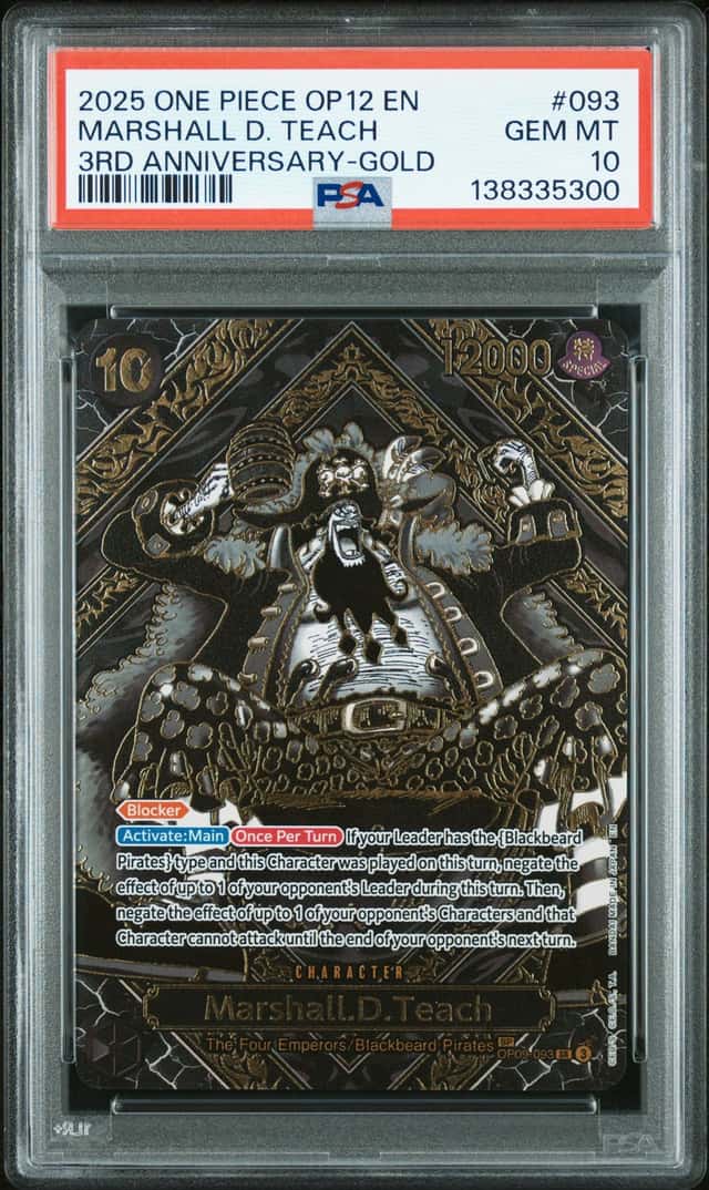 2025 One Piece OP12 EN 3rd Anniversary Gold #093 Marshall D Teach PSA 10