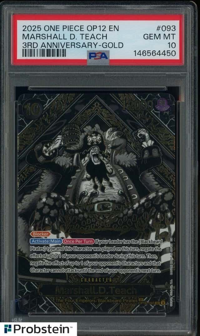 2025 One Piece OP12 EN 3rd Anniversary Gold #093 Marshall D Teach PSA 10