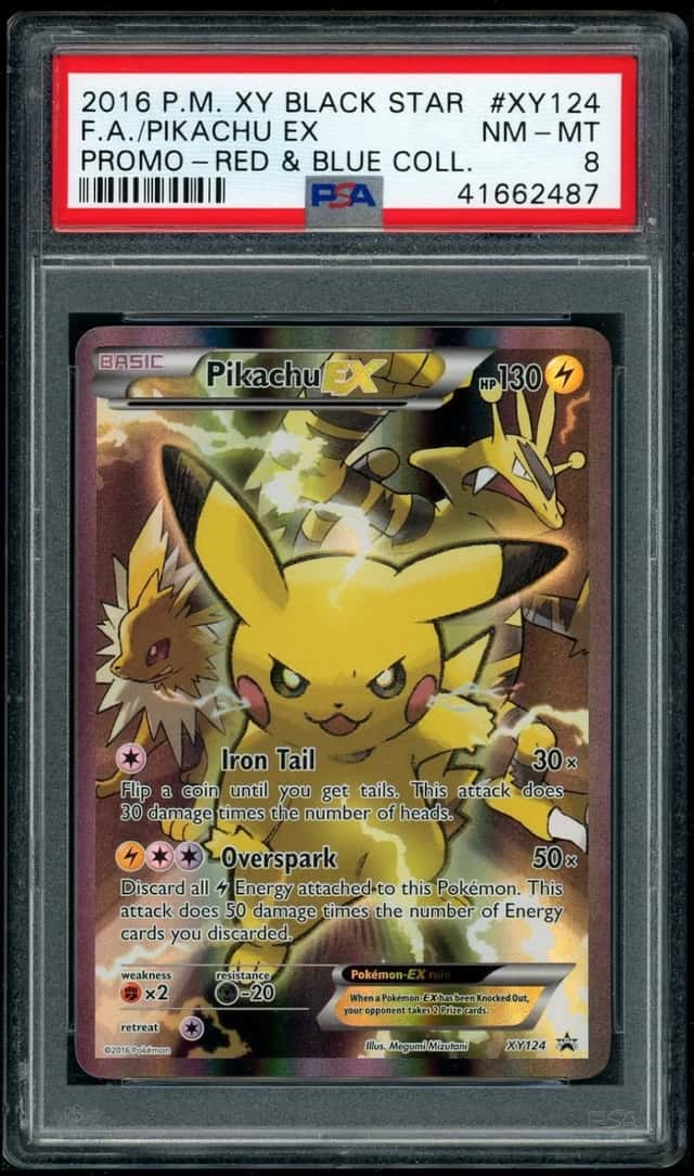 2016 POKEMON XY FA/PIKACHU EX PROMO-RED & BLUE COLL. BLK STAR PROMO #XY124 PSA 8