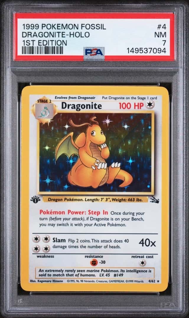 1999 POKEMON FOSSIL 1ST EDITION #4 DRAGONITE-HOLO PSA 7