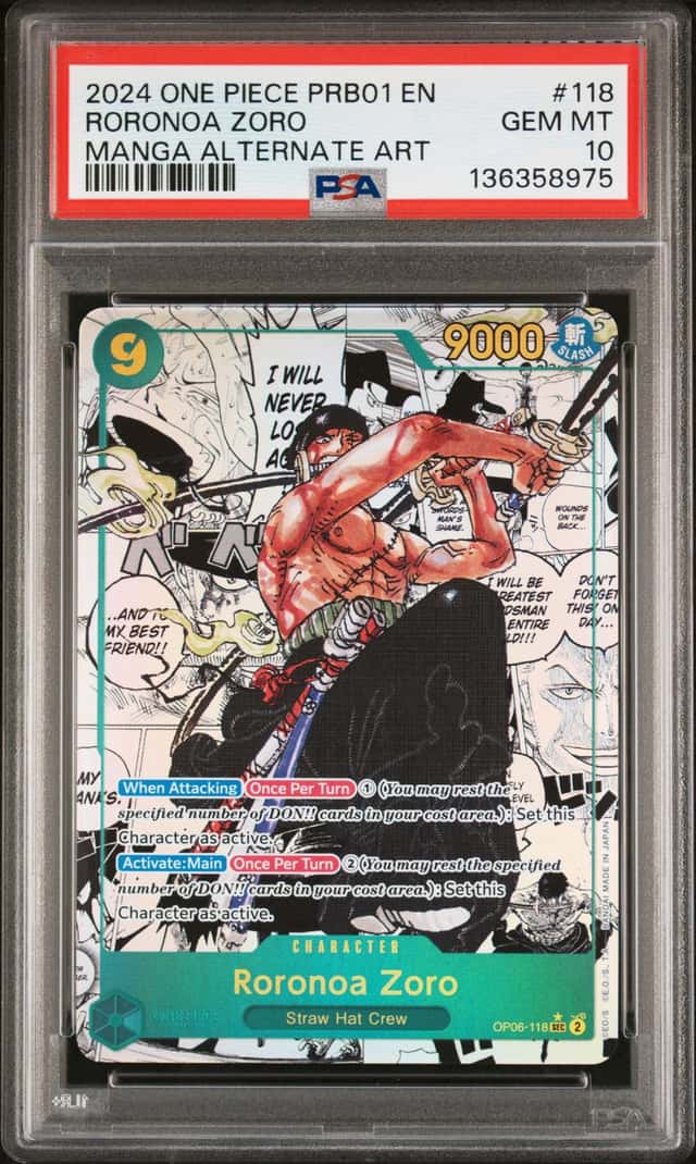 ONE PIECE RORONOA ZORO 2024 PREMIUM BOOSTER #118 MANGA ALTERNATE ART PSA 10