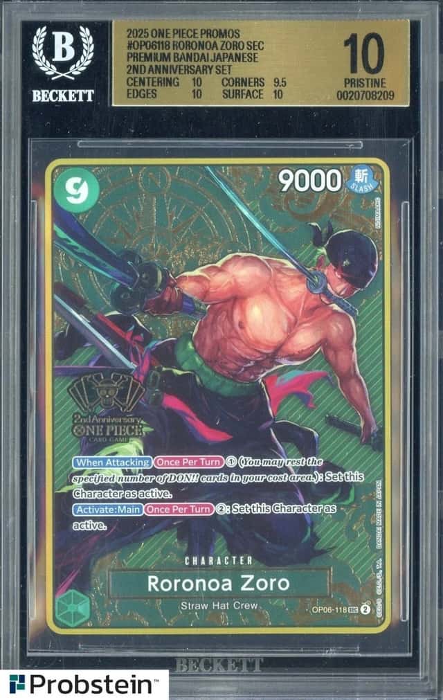 2025 One Piece English OP06-118 Roronoa Zoro 2nd Anniversary Set BGS 10 PRISTINE