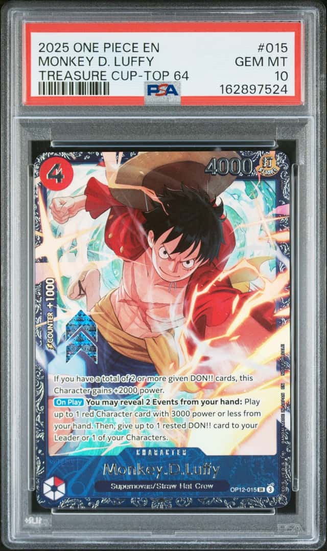 2025 One Piece Treasure Cup Top 64 Monkey D Luffy Super Rare #OP12-015 PSA 10