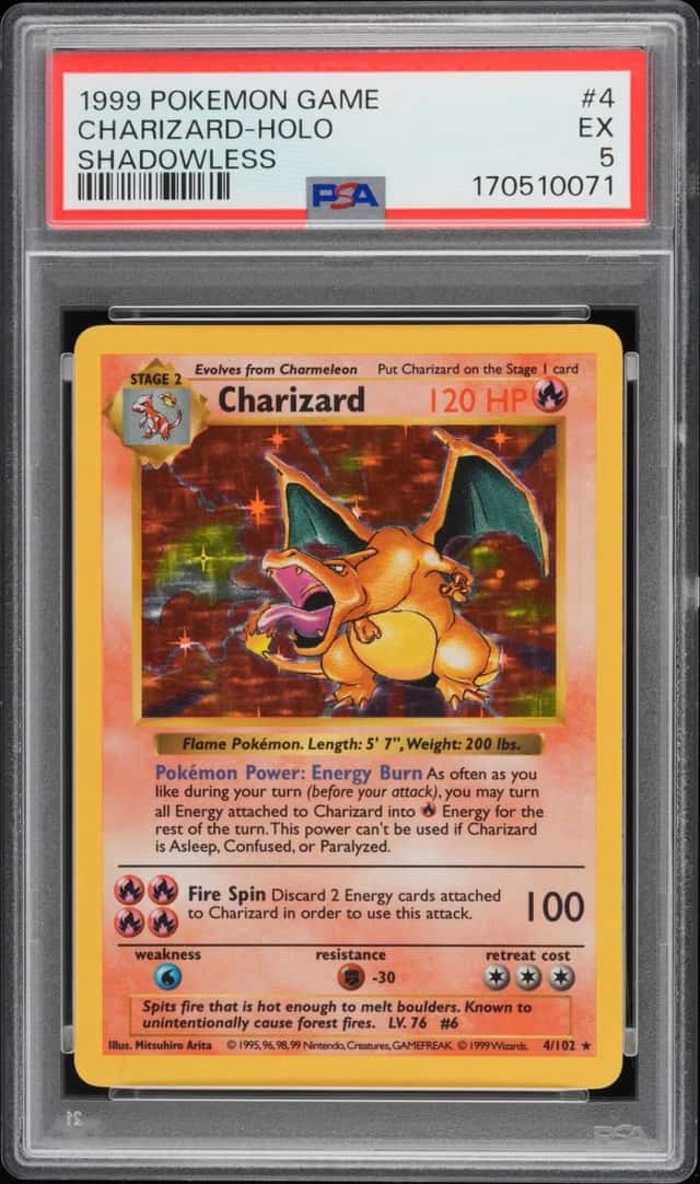 1999 POKEMON BASE SET SHADOWLESS #4 CHARIZARD-HOLO PSA 5
