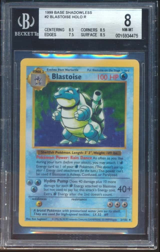 4475 Blastoise 1999 Pokemon Shadowless #2 Holo BGS 8 LOOSE LABEL