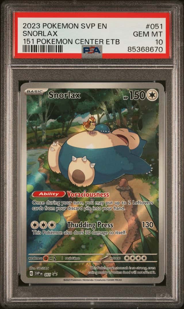 Pokemon Snorlax 151 ETB Pokemon Center Full Art Promo SVP EN 051 PSA 10 Gem Mint