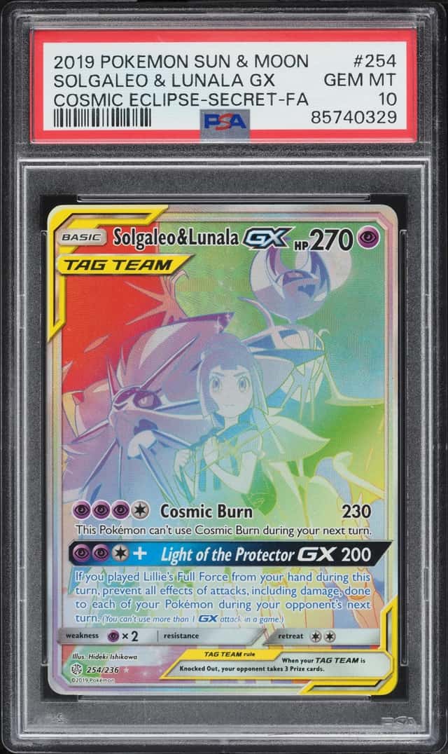 2019 Pokemon Sun & Moon Cosmic Eclipse Rainbow Rare Solgaleo & Lunala GX #254 PSA 10 GEM MINT