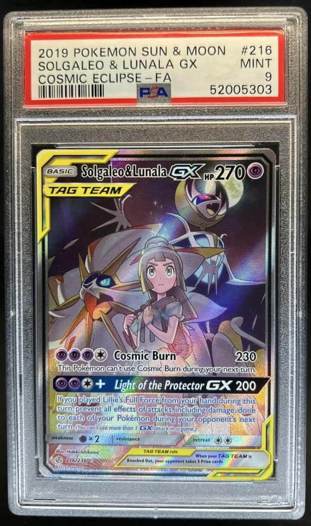 2019 Pokemon Sun & Moon Cosmic Eclipse Solgaleo Lunala Tag Team #216/236 PSA 9