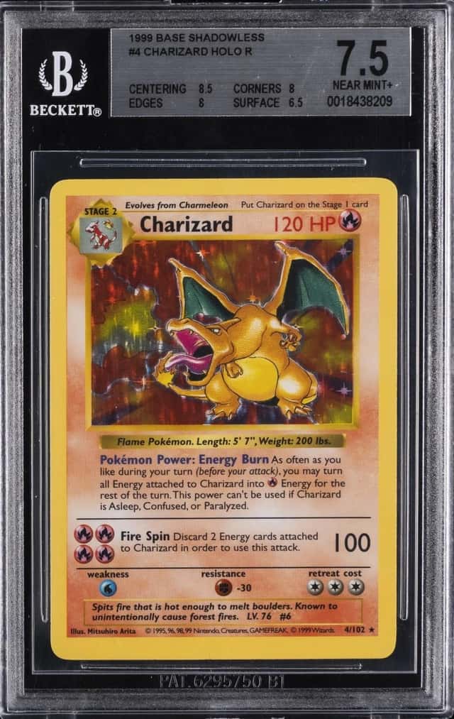 1999 POKEMON BASE SET SHADOWLESS #4 CHARIZARD BGS 7.5