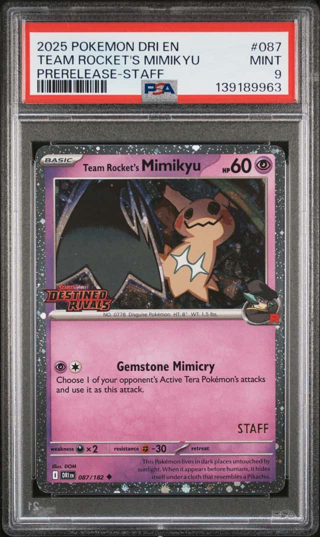 Pokemon Team Rocket's Mimikyu Destined Rivals 087/182 Prerelease-Staff PSA 9
